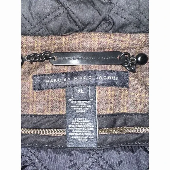 MARC by MARC JACOBS Brown Plaid Wool Blend Lined Hooded Coat XL removal liner